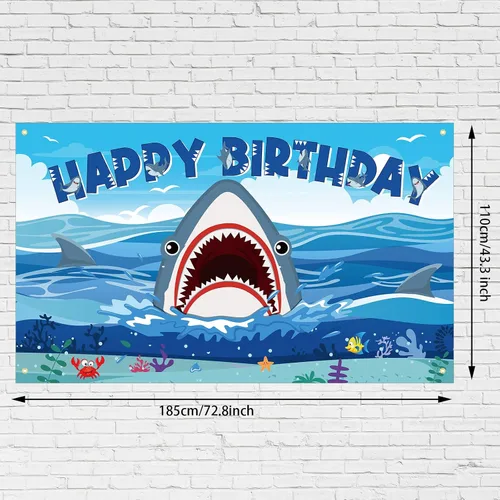 Vista 2 de Tatuo Cartel de fondo de cumpleaños de tiburón, decoraciones de cumpleaños de tiburón, fondo de fotografía de zona para niños y niñas, suministros