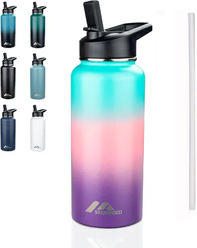 Vista 18 de StarSpeed Botella de agua aislada de 32 onzas con tapa con pajilla, botella de agua al vacío de doble pared de acero inoxidable, botella de agua