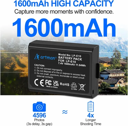 Vista 2 de Artman LP-E10 - Paquete de 3 baterías de 1600 mAh y cargador LCD de 3 ranuras para Canon LP E10, EOS Rebel T7 T6 T5 T3 T100, Kiss X50 X70 X70 X80