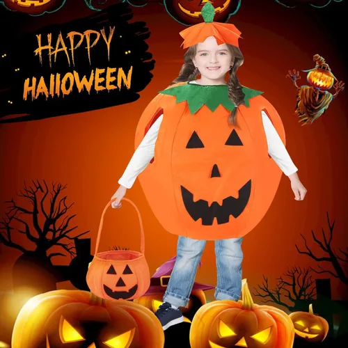 Vista 4 de Disfraz de calabaza de Halloween para niños conjunto de disfraz de calabaza y Halloween con bolsa de mano de calabaza y sombrero para fiesta