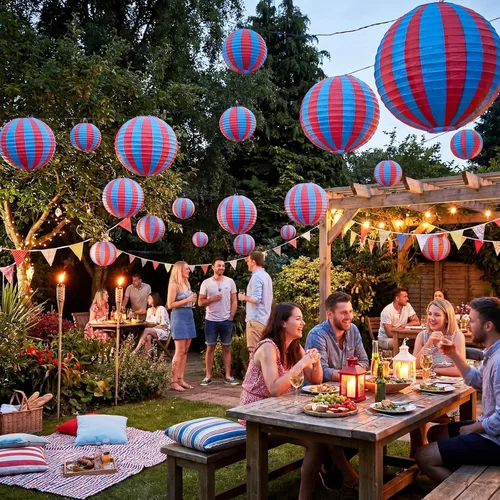 Vista 6 de Hortsun 12 Pcs Carnival Circus Decorations Red and Blue Striped Paper Lanterns Chinese Hanging Paper Lanterns for Carnival Circus Wedding Birthday