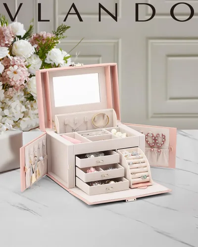 Vista 2 de Vlando Joyero de piel sintética, organizador mediano de joyería, regalo vintage para mujer, patrón de cruz rosa