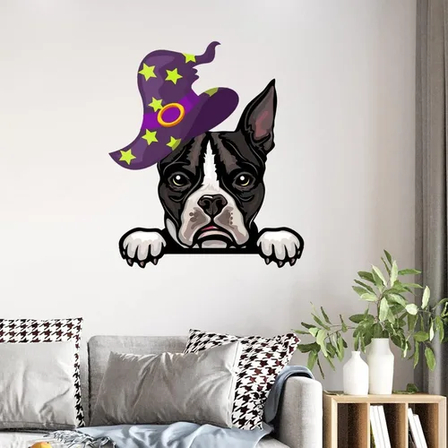 Vista 3 de Guangpat Calcomanías de Halloween de bruja Boston Terrier, calcomanías de pared de bienvenida de Halloween, arte de pared de perro Boston Terrier