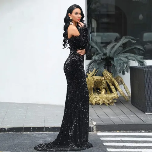 Vista 5 de Vestido de noche para mujer, largo hasta el suelo, sin hombros, sin espalda, de manga larga, con plumas y lentejuelas, para fiestas y matrimonios