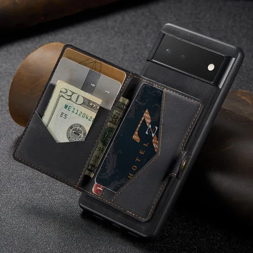 Vista 4 de Funda para Google Pixel 6 Pro, cartera magnética desmontable con ranura para efectivo, soporte de carga inalámbrica, función atril compatible