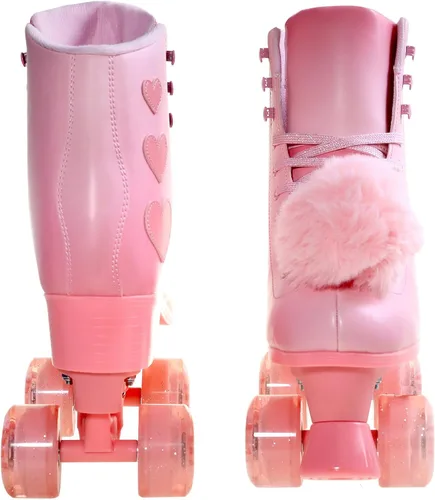 Vista 6 de Patines de ruedas para mujer, patines de piel sintética de alta calidad, cuatro ruedas rosadas brillantes de doble fila, patines cuádruples