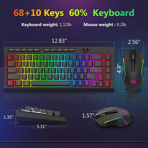 Vista 8 de Redragon Combo de teclado y mouse inalámbricos para juegos, Bluetooth/2.4G/USB-C con cable, retroiluminación RGB, teclado de membrana macro