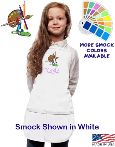 Vista 2 de Delantal azul real personalizado del smock del arte de los niños con la tela cruzada de poli/del algodón del diseño del bordado de la paleta, Azul