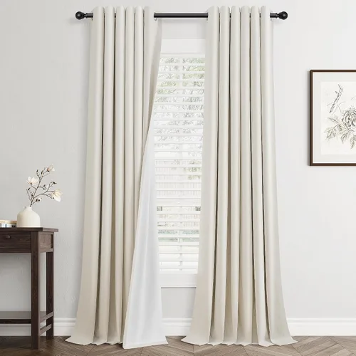 Vista 24 de Beige White Linen Blackout Curtains 90 Length 2 Panels Set for Living Room Bedroom, 100% Black Out Thermal Insulated Linen Drapes, Room Darkening