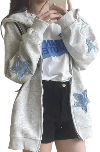 Vista 2 de Sudadera con capucha Y2K Harajuku coreana suelta con parche de estrella y cadena para mujer