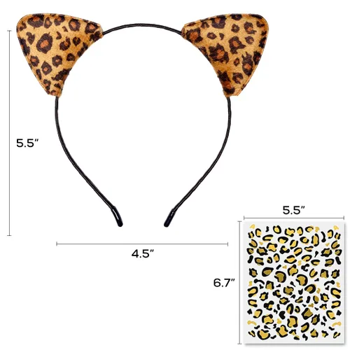Vista 6 de Funcredible Diadema de orejas de guepardo con tatuajes diadema de leopardo con tatuaje temporal accesorios de disfraz de Halloween para adultos