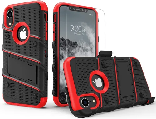 Vista 2 de Serie Zizo Bolt funda para iPhone XR de grado militar con protector de pantalla de vidrio templado, clip de cinturón, soporte, Funda con soporte.
