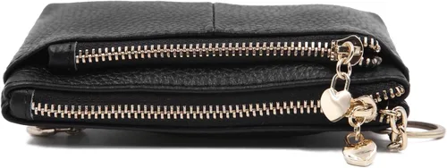 Vista 5 de Mini monedero con cremallera de cuero genuino para mujer, con llavero con triple cremallera, tarjetero Negro