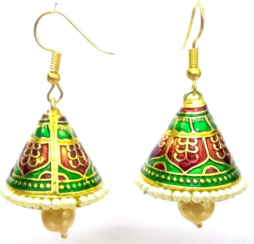 Vista 2 de DESI HAWKER Meenakari Minakari esmalte pintura oro hecho a mano pendiente Bali Jhumki Jhumka joyería étnica gota cuelga lámpara NI-276
