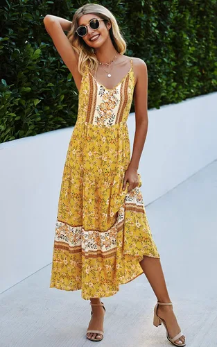 Vista 2 de Angashion - Vestido largo, diseño floral, ajustable con tirantes delgados, cuello en V, bohemio, para verano, playa, étnico y holgado, para mujer