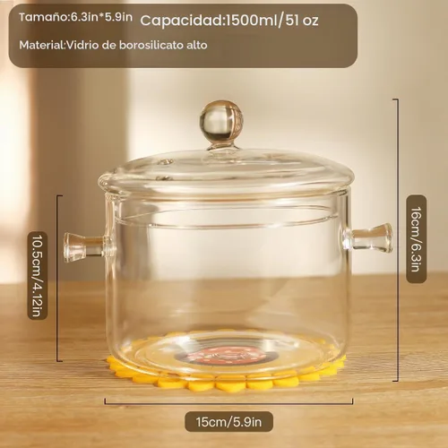 Vista 3 de Olla de Vidrio Transparente para Cocinar con Tapa, Cepillo y Almohadillas Térmicas de Silicona para Estufa - 1.5L (51oz) Olla de Vidrio