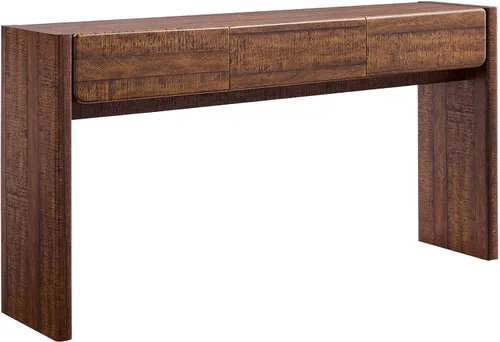 Vista 7 de OKD Mesa consola de 63 pulgadas con 3 cajones, mesa de entrada de granja con esquinas redondeadas, mesa consola detrás del sofá para sala de Roble
