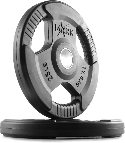 Vista 18 de XMARK TRI-GRIP - Par o juego de discos de peso olímpicos, pesas de ejercicio con revestimiento de goma para barra olímpica, juego de pesas de 01)