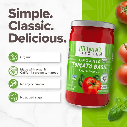 Vista 3 de Primal Kitchen Salsa de tomate para pasta, paquete de 2, sin azúcar añadida, incluye 1 tomate y albahaca y 1 salsa marinara de ajo asado