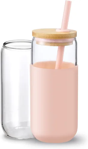 Vista 7 de Vaso de agua de vidrio de 20 onzas con funda protectora de silicona - Vasos de vidrio tipo lata de cerveza con pajita y tapa de bambú, vasos