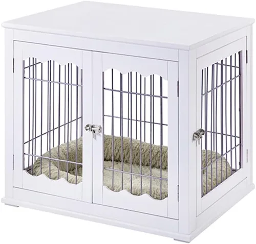 Vista 6 de unipaws - Mesa auxiliar estilo mueble con cojín para perros de 36 pulgadas, jaulas de alambre de madera para mascotas con puertas dobles, casa Marrón