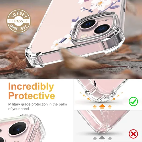 Vista 3 de Funda para iPhone 13 con protector de pantalla con patrón de flores, transparente, a prueba de golpes, funda protectora de poliuretano termoplástico
