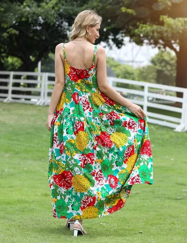Vista 4 de YESNO - Vestidos largo de verano para mujer 2022 estilo casual y bohemio holgado con estampado floral bolsillos y tirantes delgados E75
