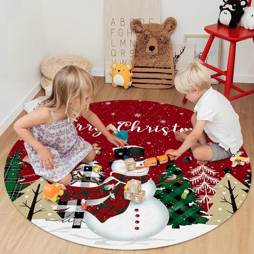 Vista 6 de Alfombra redonda de 3 pies de diámetro, diseño de muñeco de nieve, búfalo, árbol de Navidad, feliz año nuevo, rojo, tapete decorativo de Navidad