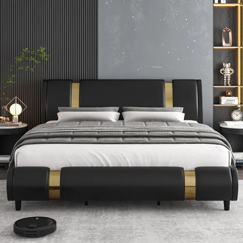 Vista 3 de TTVIEW Moderna base de cama tapizada de piel sintética con decoración de metal de hierro dorado, cabecera curvada ajustable, soporte de listones