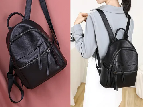 Vista 2 de COOLCY Mochila de cuero genuino para mujer, mochila elegante multifuncional para mujer, Negro -, Casual