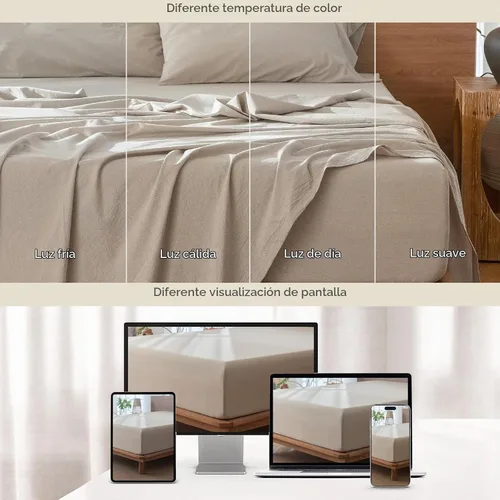 Vista 5 de MooMee Sábana bajera ajustable de solo 100% algodón lavado con textura parecida al lino, transpirable, duradera, suave, cómoda, bolsillo profundo
