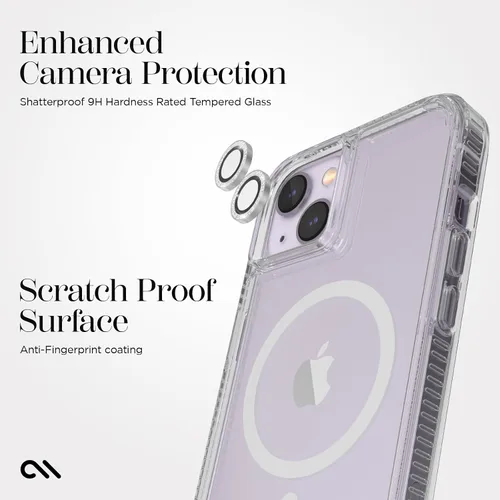 Vista 2 de Case-Mate Protector de lente de cámara para iPhone 14 Plus/iPhone 14 con anillos brillantes, doble vidrio templado, duradero, antiarañazos, visión