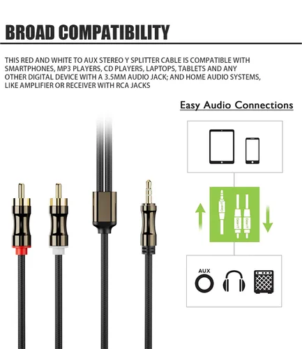 Vista 3 de FAWETTY Cable de 0.138 in a 2RCA, adaptador de conector macho a macho, nailon trenzado de 1/8 a RCA, cable Y de audio chapado en oro, para teléfonos