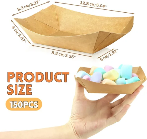 Vista 2 de Oomcu Paquete de 150 bandejas desechables de papel kraft marrón de 1/2 libra, bandejas para perros calientes a granel, pequeños botes reciclables