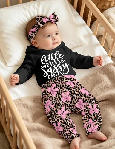 Vista 2 de KANGKANG Conjunto de sudadera con capucha y pantalones de manga larga para bebé recién nacida, para otoño e invierno Blace- Leopardo- Arco