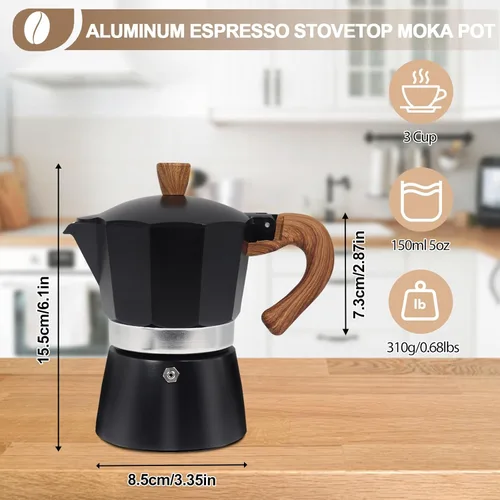 Vista 2 de Cafetera Moka Pot Express de Aluminio de 3 Tazas 150ml (5.1 fl oz), Cafetera de Espresso para Estufa, Cafetera Colorida Estilo Clásico Italiano