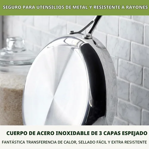 Vista 5 de GreenPan Valencia Pro Sartén de Acero Inoxidable de 8", Sartén Apta para Inducción con Tri-Capa Espejada, Cerámica Antiadherente Sin PFAS, Batería