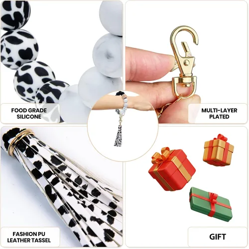 Vista 7 de PAKASEBOXES Keychain Wristlet Bracelet, Silicone Beaded Bangle Key Ring with Tassel, Mother's day Christmas Gift for Women
