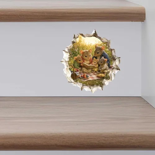 Vista 9 de Adhesivo de pared 3D con diseño de familia de ratón con agujero de ratón