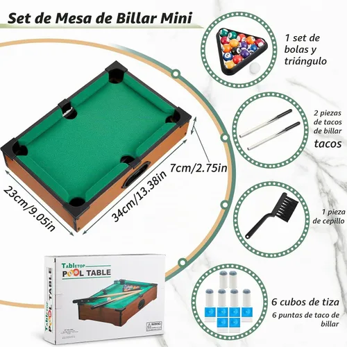Vista 2 de Shappy Mini juego de mesa de billar Mesa de billar para gatos, juego de billar pequeño con 16 bolas, 2 palos de billar, 6 cubos de tiza, 6 puntas