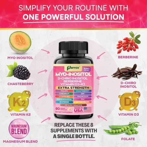 Vista 5 de Suplemento de Myo Inositol, D-Chiro Inositol, Folato, DIM, Vitamina D3, B12, K2, Cromo, Bioperina, Canela de Ceilán, Zinc, Ashwagandha, Agracejo
