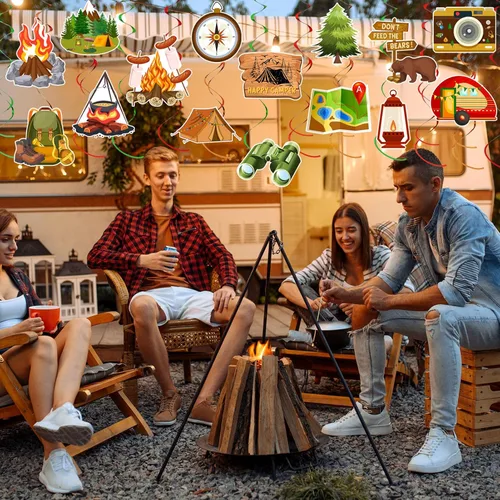 Vista 5 de 36 espirales colgantes para fiesta de campista, remolinos de fiesta temática de campamento, remolinos de verano, campamento de aventura, tienda