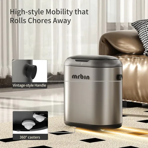 Vista 5 de MRBIN Cubo de basura de metal de absorción automática para baño, cubo de basura sin contacto con tapa, bote de basura delgado de 3.2 galones
