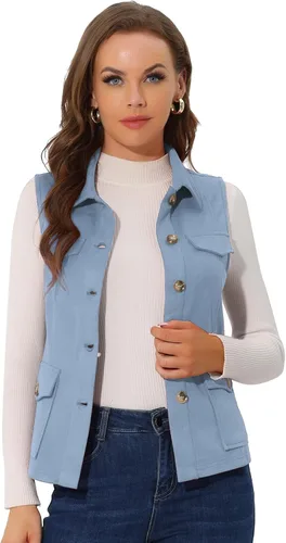 Vista 7 de Allegra K Chaleco de Gamuza Sintética Utilitario para Mujer con Botones sin Mangas con Bolsillo Cargo Verde militar