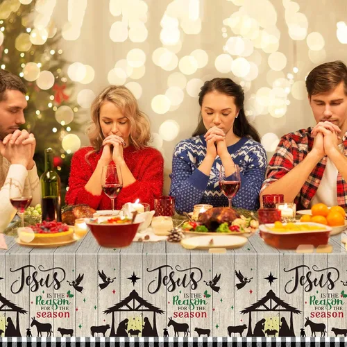 Vista 5 de WovWeave Mantel de Navidad de 3 piezas, mantel de Navidad con texto en inglés "Merry Christmas", mantel rectangular de plástico con diseño de Jesús