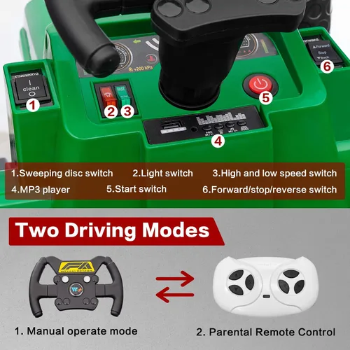 Vista 6 de MOLACHI Camión barredora de calle, 12 V con control remoto, escobas eléctricas giratorias de 360 grados, música, luz LED, regalo ideal para niños
