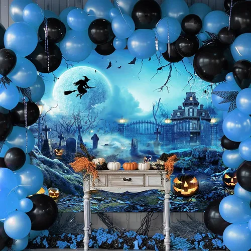 Vista 3 de Avezano Telón de fondo para fotografía de Halloween, luna llena, noche aterradora, castillo, calabazas, fondo de fiesta, espeluznante, bruja, Azul