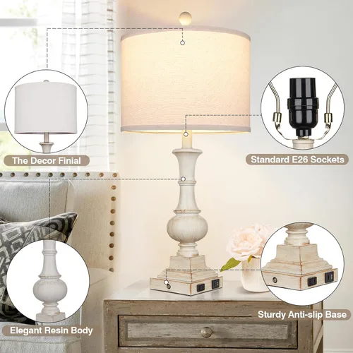Vista 4 de 26" Farmhouse Table Lamp, Vintage Rustic Touch Control Bedside Lamp with 2 USB Ports & AC Outlet, Boho Resin 3-Way Dimmable Nightstand Lamp Linen