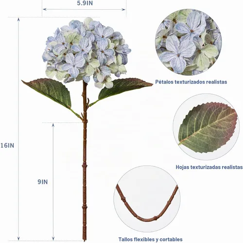 Vista 3 de Flores Artificiales Cabezas de Hortensias de Seda Falsa Ramo con Tallos al Por Mayor para Decoración de Otoño Centro de Mesa Navidad Interior Azul