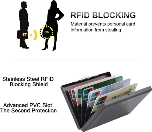 Vista 127 de BONSYL® Soporte para tarjetas de crédito, cartera delgada de metal con bloqueo RFID, con 6 ranuras para tarjetas, para mujeres y hombres.